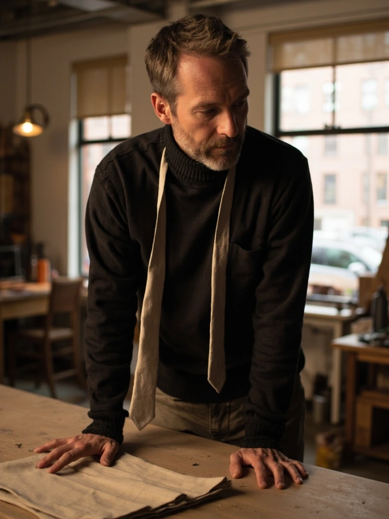Portrait of founder Caleb Voss standing at a workbench inside the Brooklyn atelier.