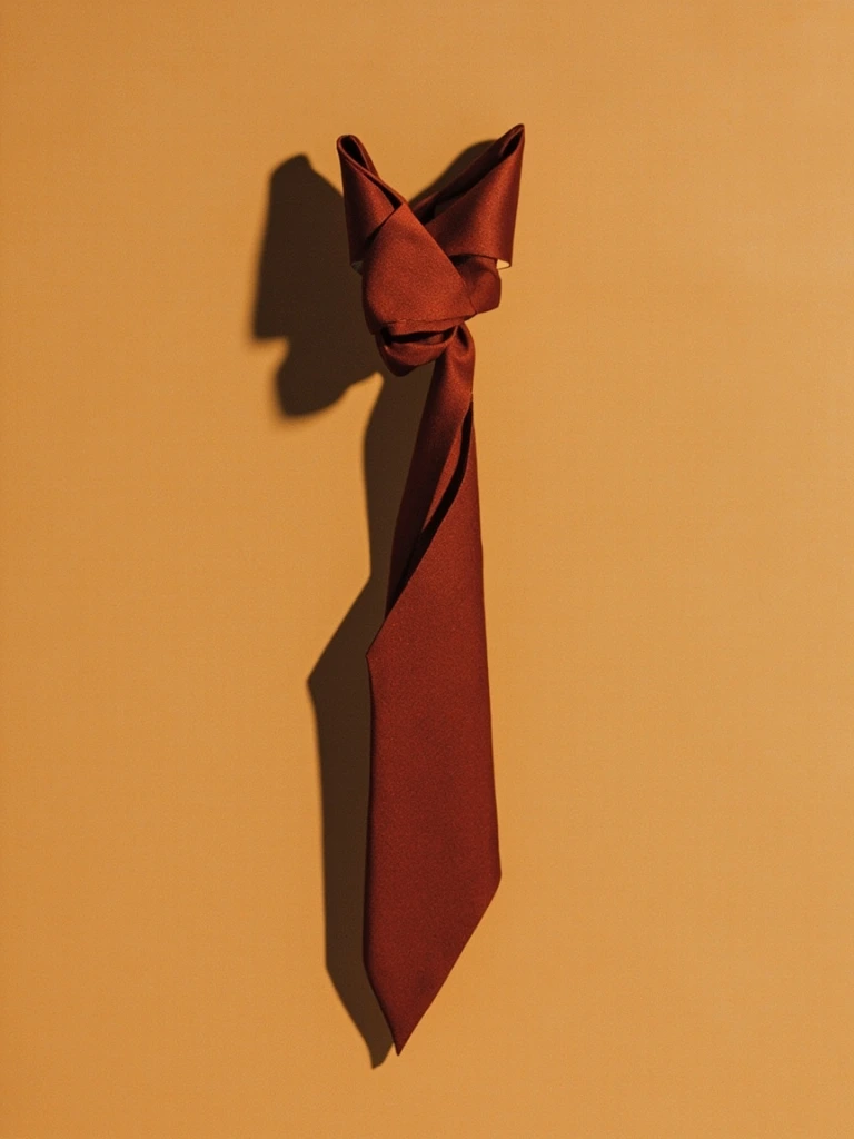 A hand-sculpted silk necktie in the Folded Origami series, displayed on a linen surface.