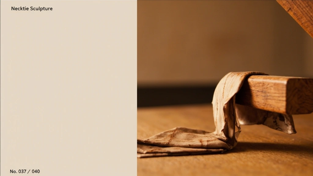 A half-folded silk necktie clamped between wooden blocks.
