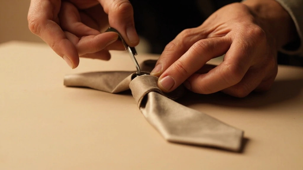 Fingertips burnishing the edge of a folded silk necktie.