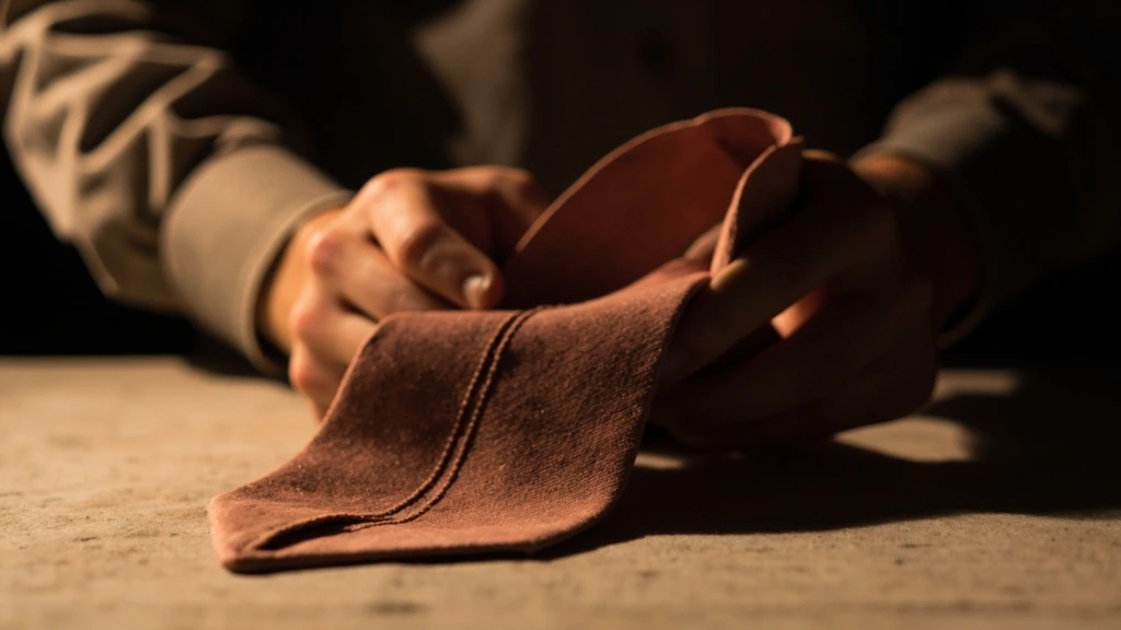 A sculptor's hands holding a folded origami necktie against a dark backdrop.