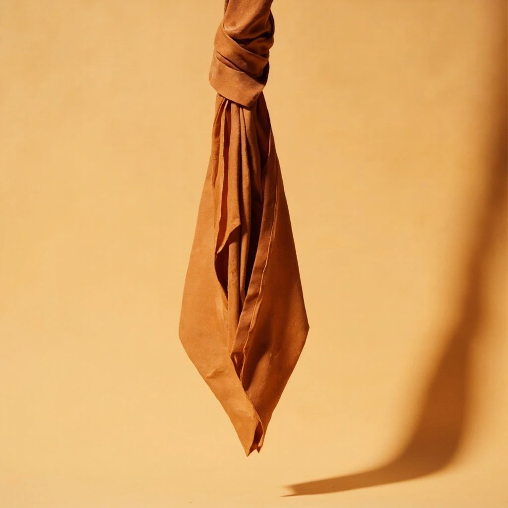 A folded origami silk necktie in deep ochre.