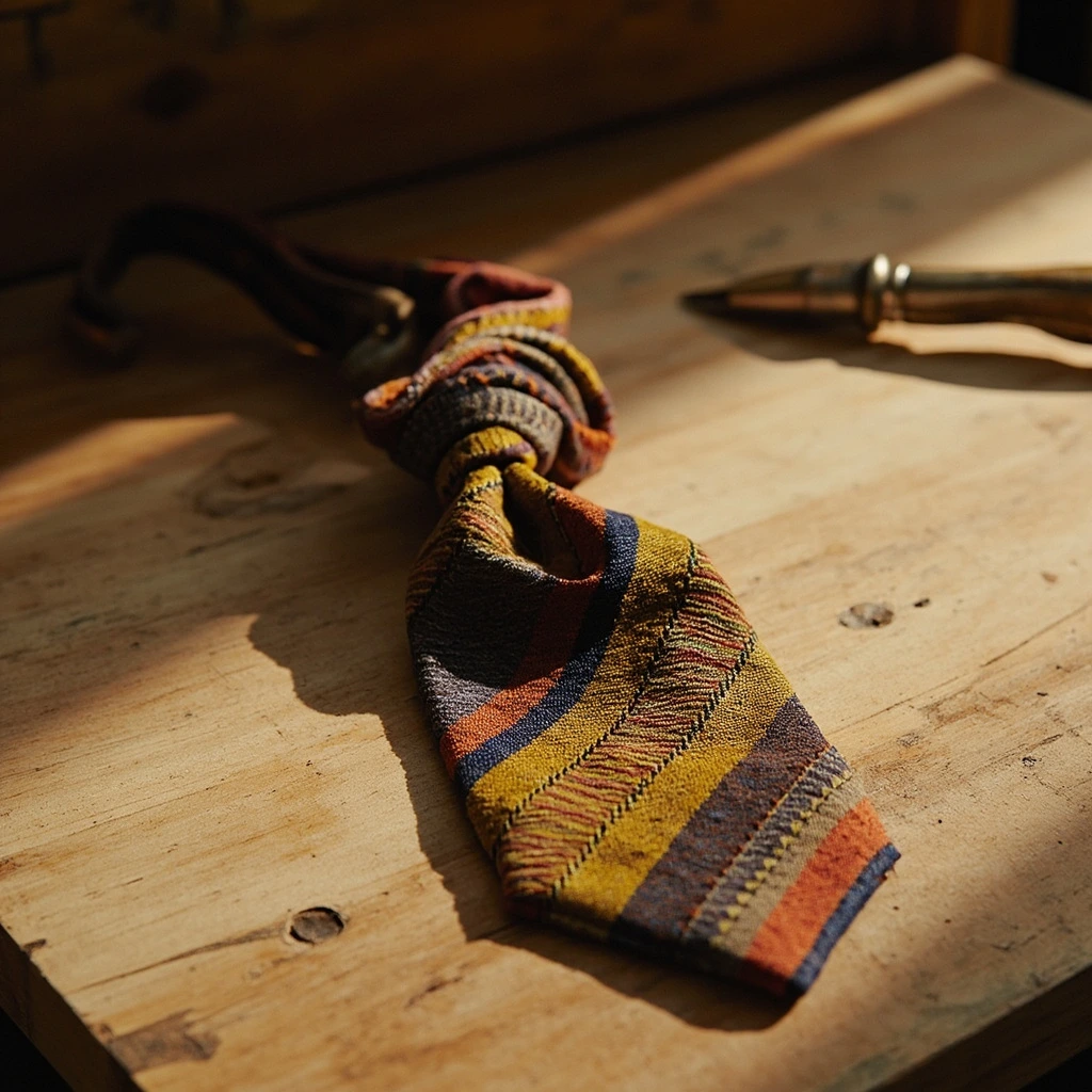 A plaited silk necktie coiled on a workshop bench.