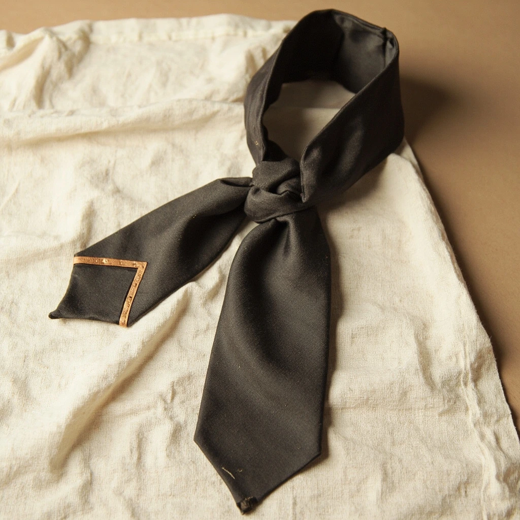 A charcoal silk necktie with a bronze-tip knot.