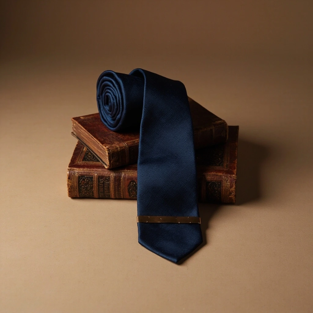 A navy silk necktie with a bronze accent.