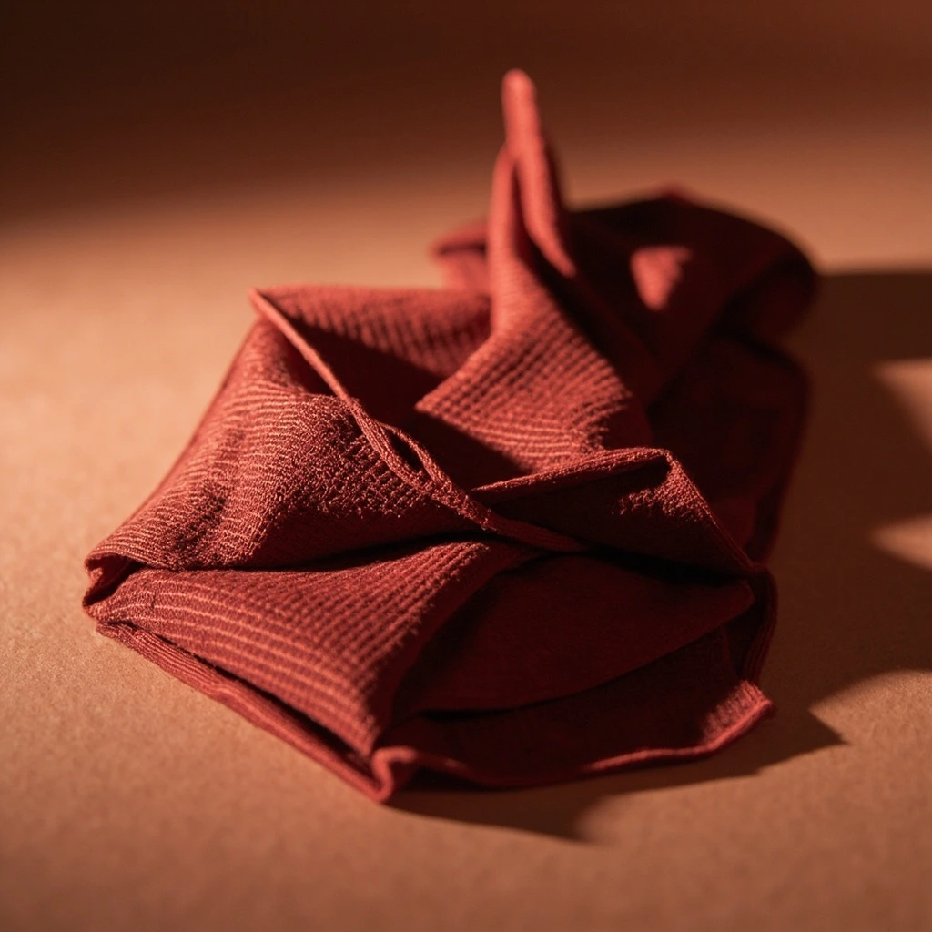 Detail of the hand-folded creases in oxblood silk