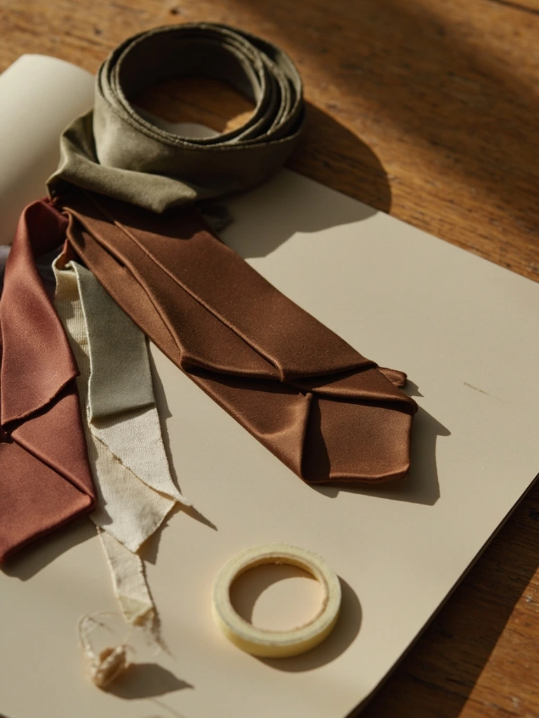 Silk swatches and tape on an oak atelier table.