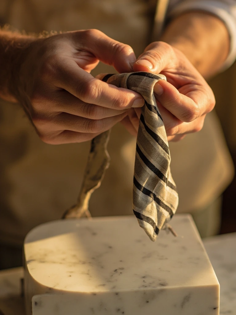 Sculptor's hands finishing a folded silk necktie.